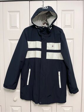 Tommy Hilfiger Navy and White Hooded Raincoat medium